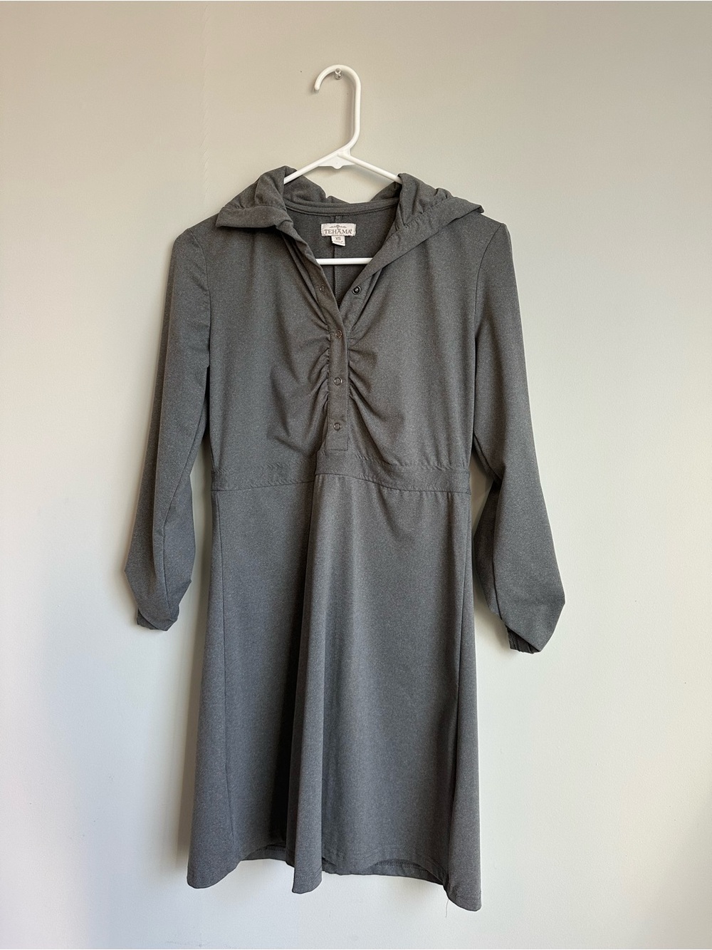 TEHAMA Gray Hooded Midi Dress with Ruched Front